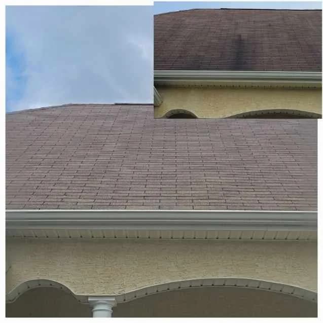 A stained roof above a stucco porch, before and after cleaning