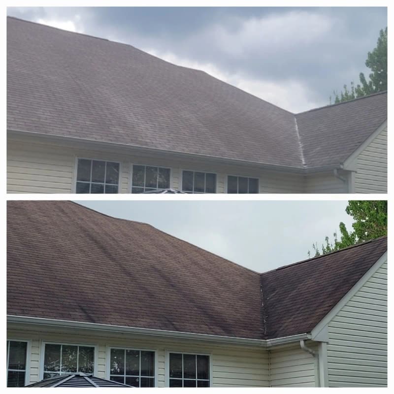 A brown shingle roof streaked with algae (top) and clean (bottom)