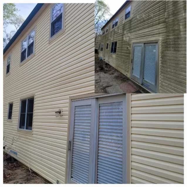 Side-by-side of tan siding and sliding doors before and after washing