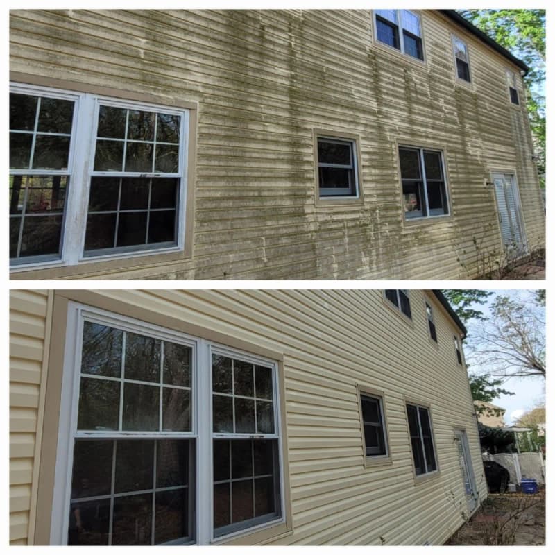 Two-story tan siding covered in green growth (top) and clean after washing (bottom)