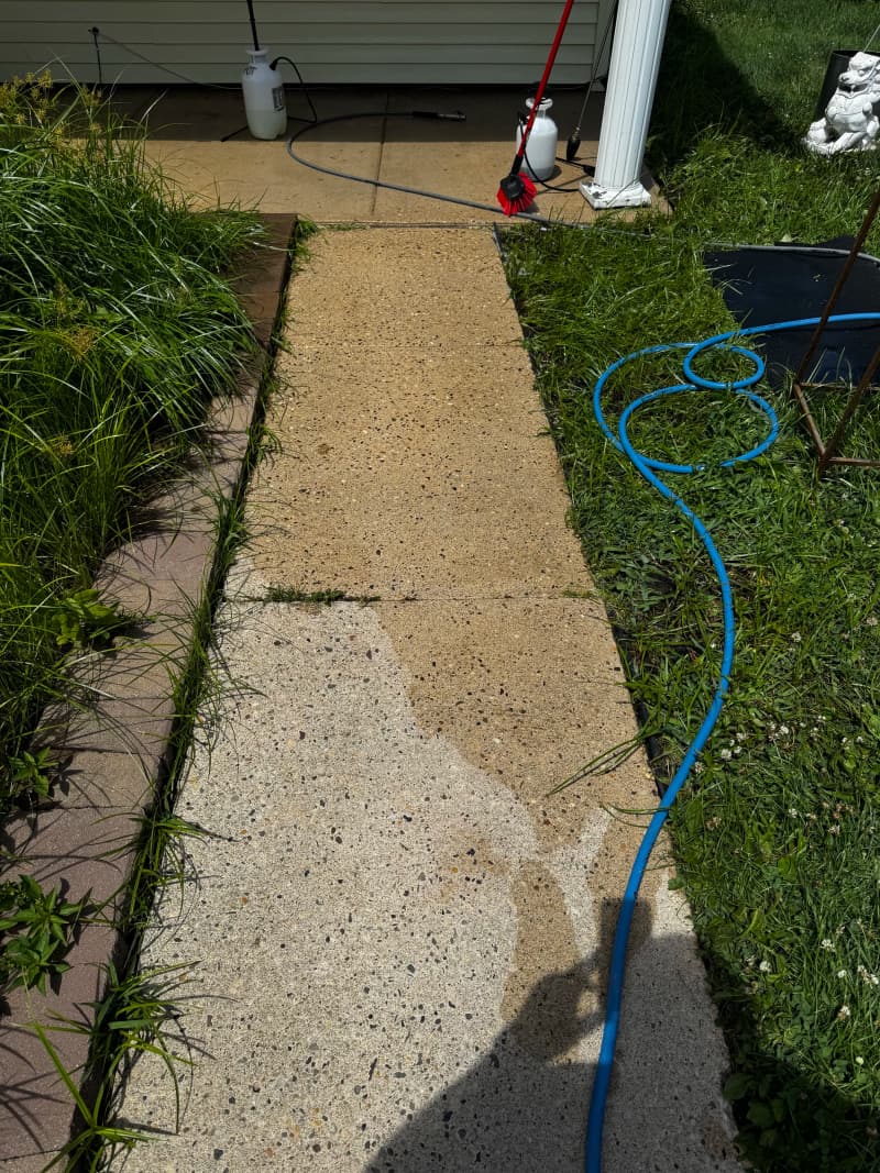 A concrete side walkway partway through cleaning